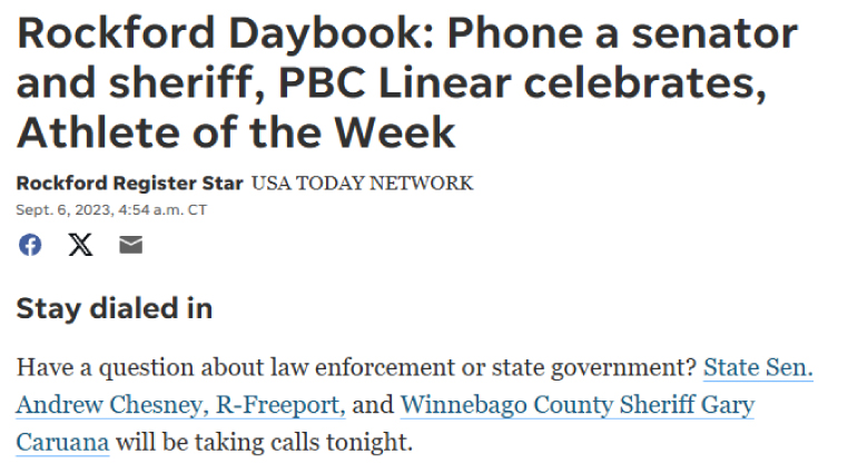 Rockford Daybook: Phone a senator and sheriff, PBC Linear celebrates, Athlete of the Week — RRStar - USA TODAY NETWORK news image